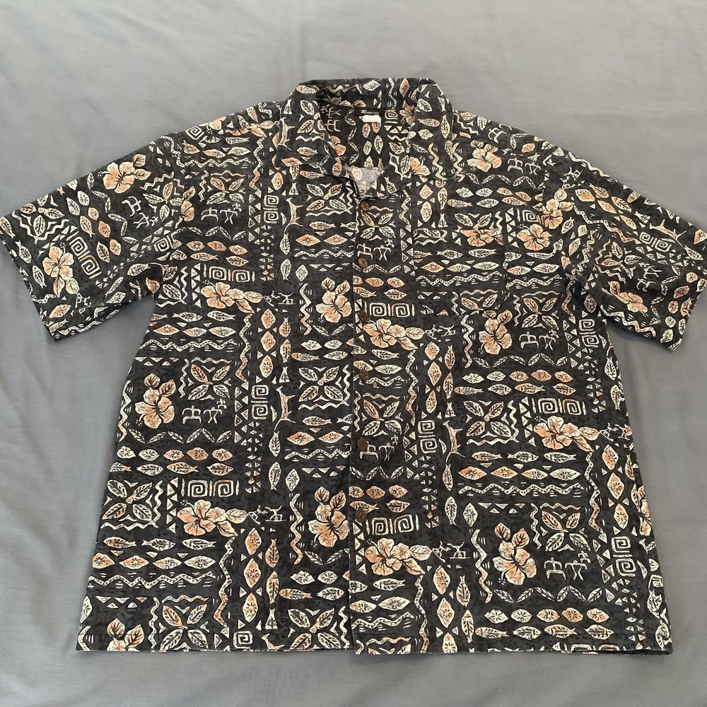 Reebesse Shirt Mens XL Black Hawaiian Floral Short Sleeve Button Front USA